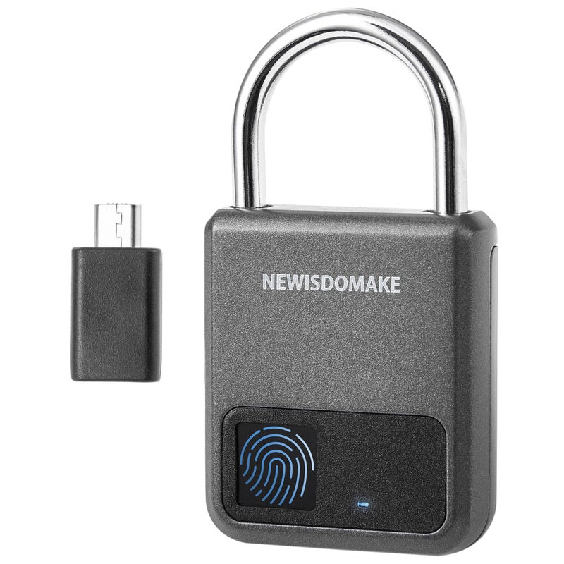 Newisdomake Fingerprint Padlock, Smart Padlock with USB Charging Support, Fingerprint Lock, Biometric Lock Suitable for Luggage, Bookcase, Suitcase, Backpack, Bike, School Locker, Gym Locker Lock(Gray) - Image 1
